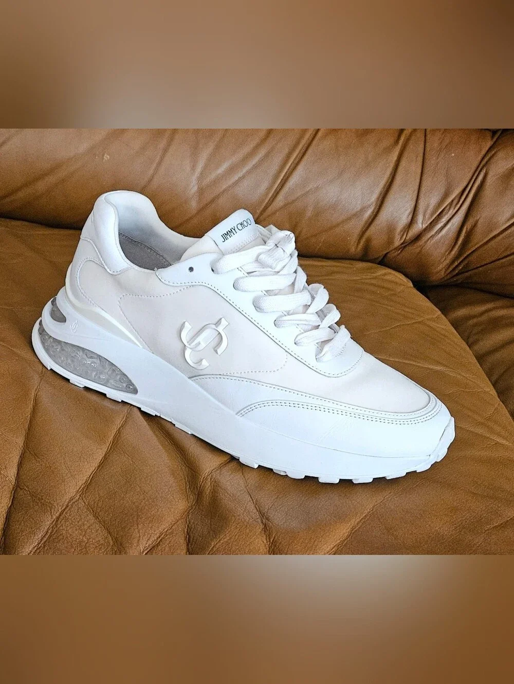 Men's Jimmy Choo White Leather Blended Fabric Luxury Sneakers Size 8 US